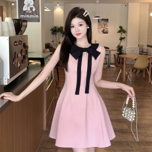 Pink Bow Halter Neck A-Line Mini Dress for Women Summer French Style Slim Fit - Style 08c7e2