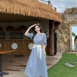Plus Size Women's 2026 Summer Korean Retro Plaid Short Sleeve Dress with Lace Shawl - Style 77da4e