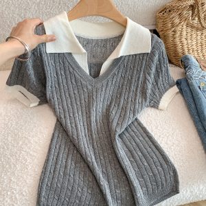 Women's 2026 Summer Thin Knit Top with Lapel Collar and Layered Look