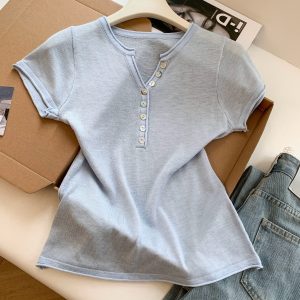 Minimalist Relaxed Shell Button Half-Open V-Neck Knit Short Sleeve Women's Summer Slimming Versatile Top