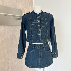 Napoleon Cropped Denim Jacket Two-Piece Skirt Set for Women Medieval Aesthetic Early Autumn Casual