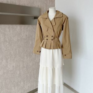 2026 British Style Double Breasted Khaki Trench Coat Women Autumn Waist Slimming Cake Skirt Two Piece Set