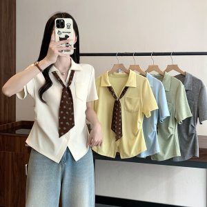 2026 Summer Plus Size Polka Dot Scarf Collar Blouse