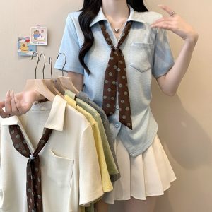 2026 Summer Plus Size Polka Dot Scarf Collar Blouse for Women