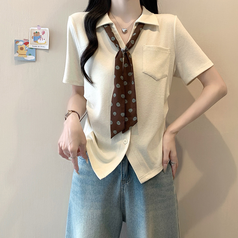 2026 Summer Plus Size Polka Dot Scarf Collar Blouse for Women - Image 2
