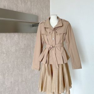 Khaki Short Trench Coat Two-Piece Set for Women Office Commuter Slimming Top and Skirt Set