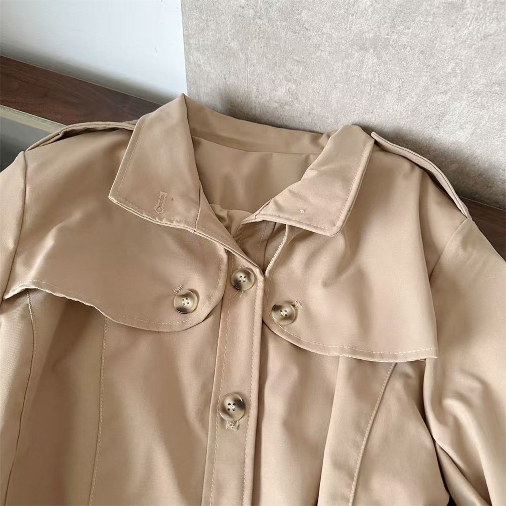 Khaki Short Trench Coat Two-Piece Set for Women Office Commuter Slimming Top and Skirt Set - Image 5