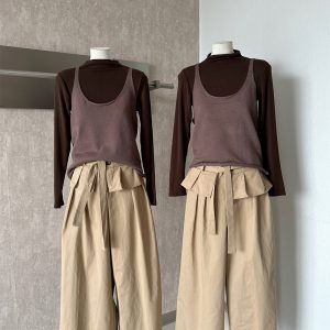 Korean Style Base Shirt and Lazy Style Tank Top with Drape Wide Leg Pants Three Piece Set with Waist Rope