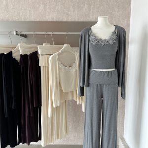 Korean Style Casual Long Sleeve Cardigan Lace Camisole High Waist Wide Leg Pants Three Piece Set Women Autumn