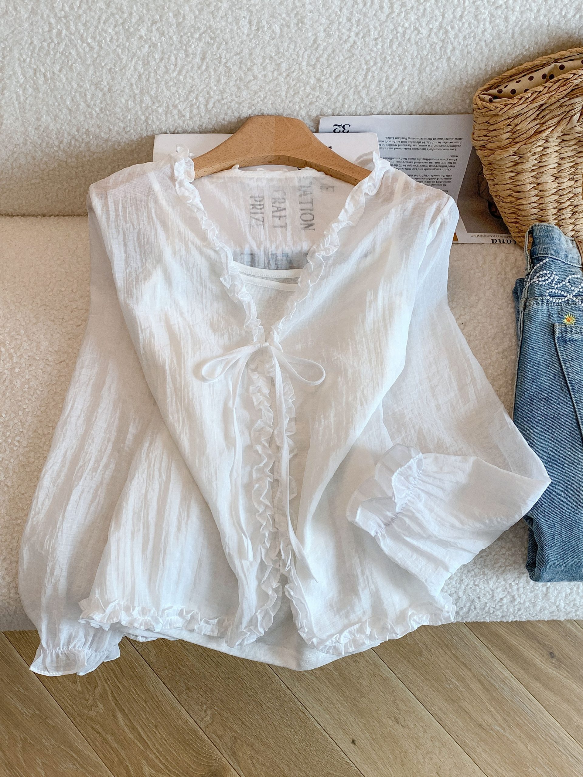 Korean Style Cotton Cami Top and Long Sleeve Ruffle Tie Cardigan Shirt Two Piece Set - Image 3