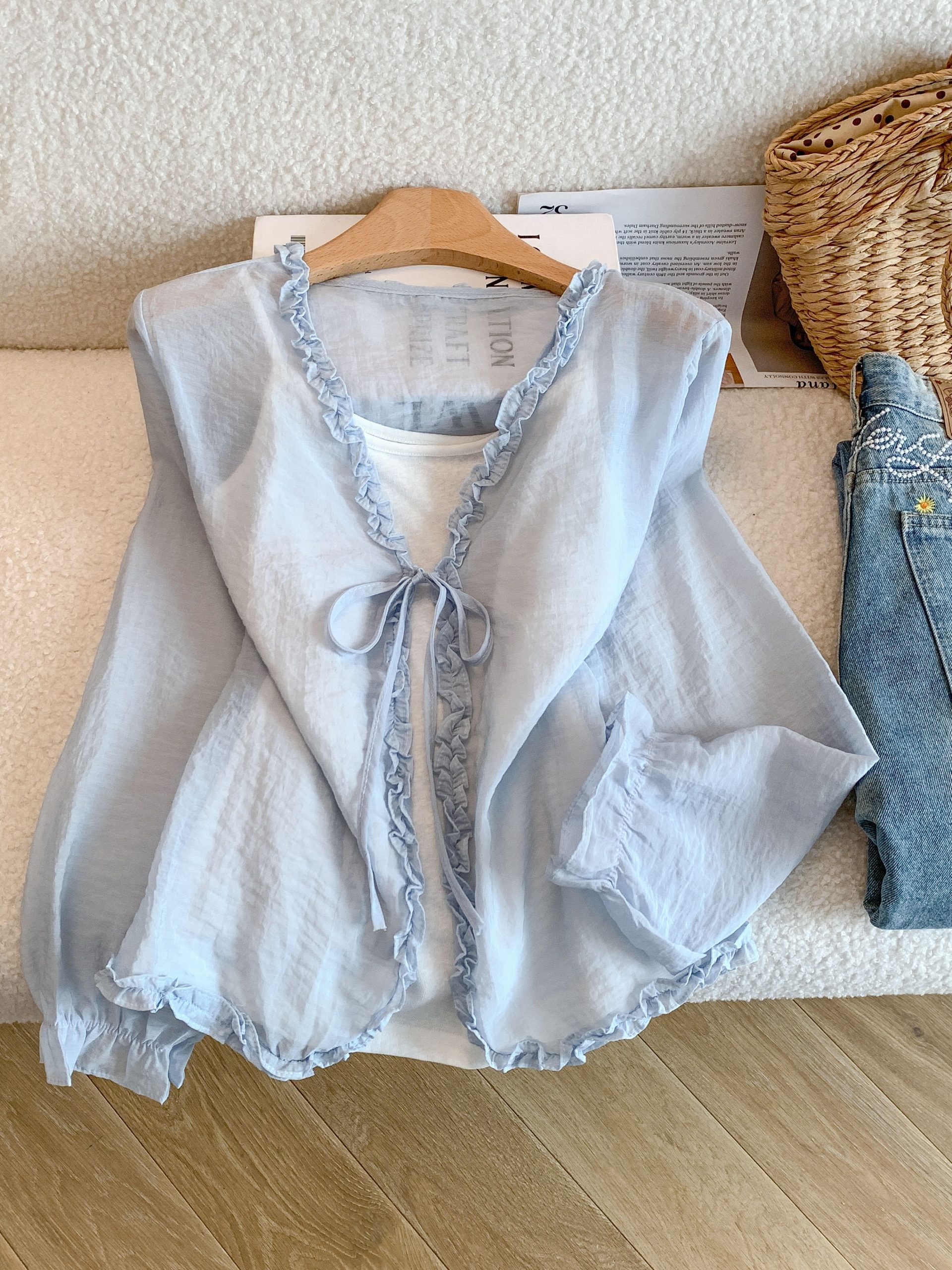 Korean Style Cotton Cami Top and Long Sleeve Ruffle Tie Cardigan Shirt Two Piece Set - Image 4