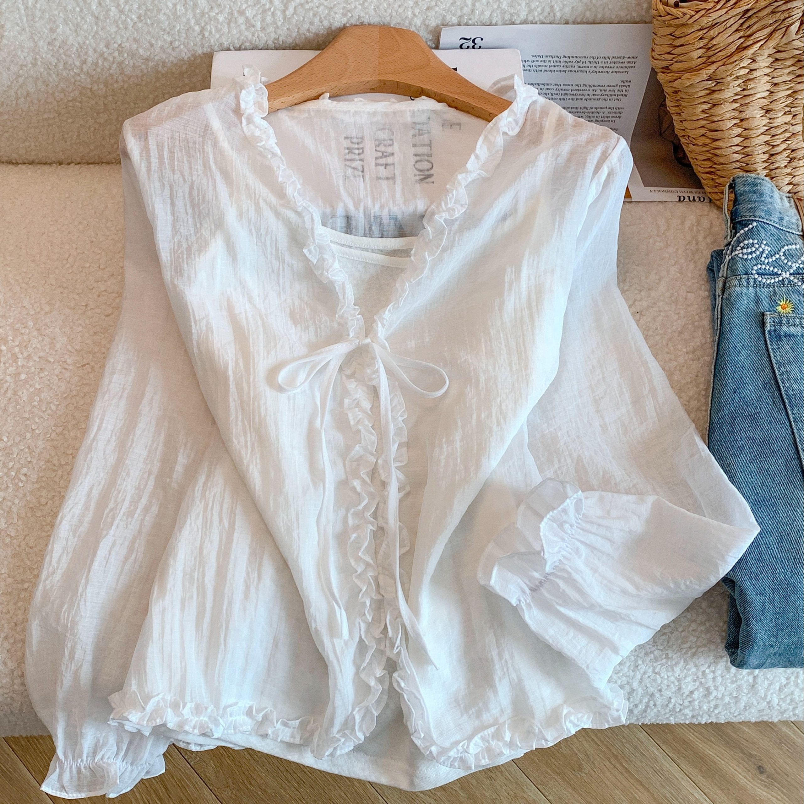 Korean Style Cotton Cami Top and Long Sleeve Ruffle Tie Cardigan Shirt Two Piece Set - Image 5
