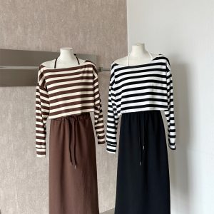Korean Style Sexy Halter Striped Off-Shoulder Loose Cover-Up High-Waist Slimming Skirt Three-Piece Set for Women