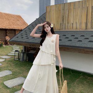 Light Apricot Sleeveless Midi Dress for Women 2026 Summer City Commute - Style 77dba3