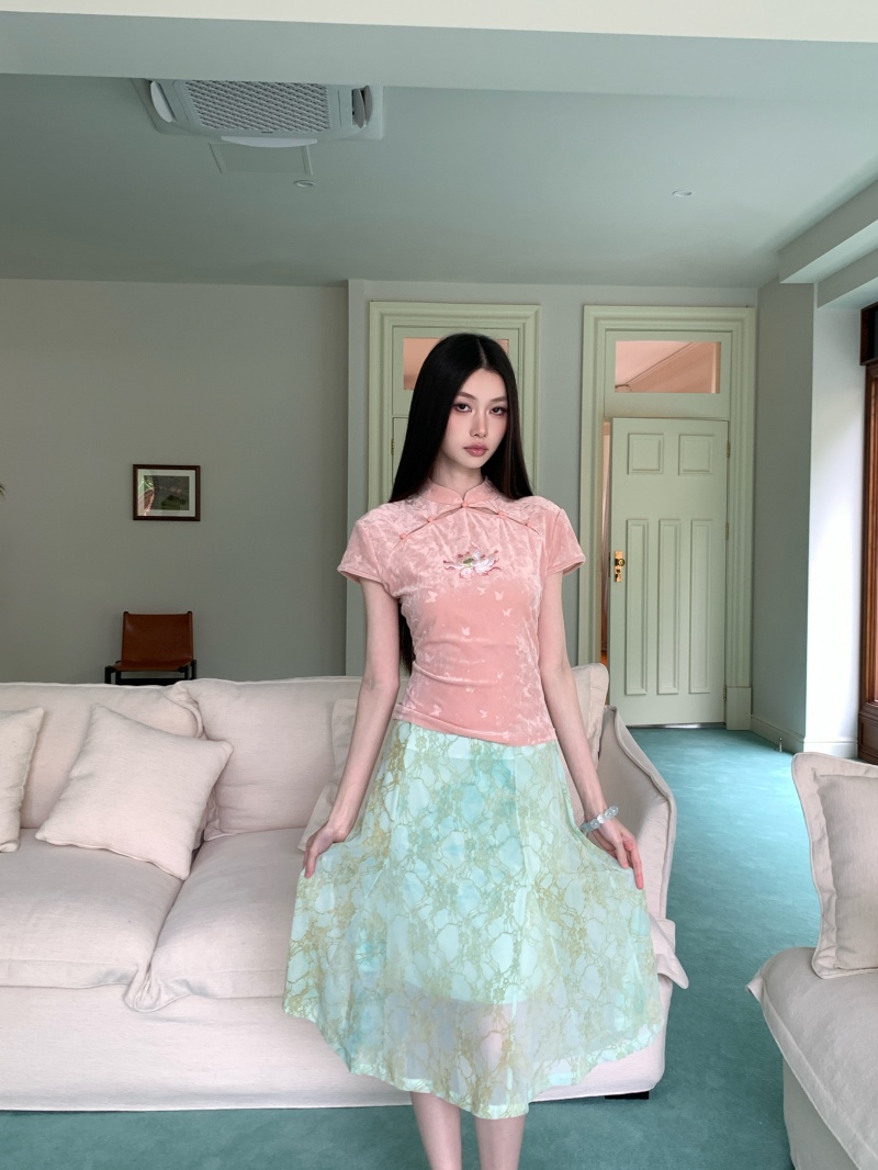 New Chinese Style Embroidered Top and A-Line Skirt Set