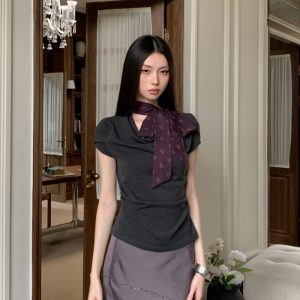 New Chinese Style Halter Neck Top with Ribbon Detail and Draped Neckline