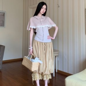 Pink Cape-Style Slim Knit Top and Yellow Drawstring Lace-Up Lantern Pants Set
