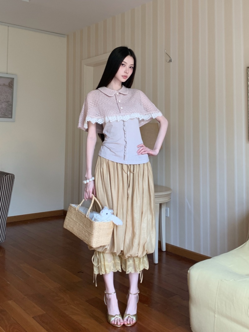Pink Cape-Style Slim Knit Top and Yellow Drawstring Lace-Up Lantern Pants Set