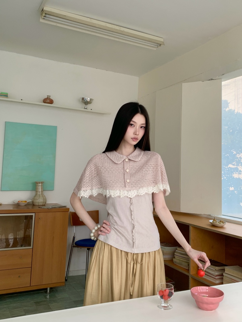 Pink Cape-Style Slim Knit Top and Yellow Drawstring Lace-Up Lantern Pants Set - Image 4