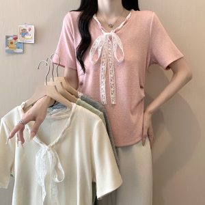 Plus Size Lace-Up Bow Cinched Waist Curved Short Sleeve T-Shirt Summer 2026 - Style 6c1a0b