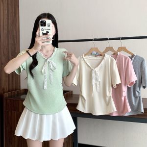 Plus Size Lace-Up Bow Cinched Waist Curved Short Sleeve T-Shirt Summer 2026 - Style fb55c5