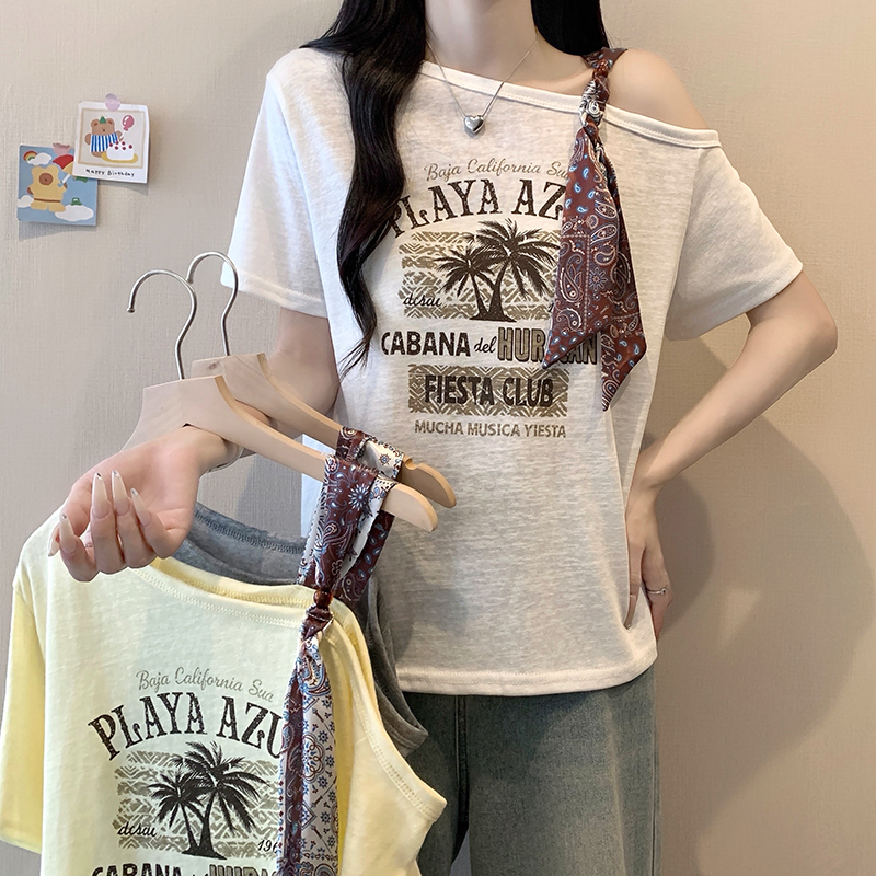 Plus Size Off-Shoulder Printed Short Sleeve T-Shirt Summer 2026 Korean Style