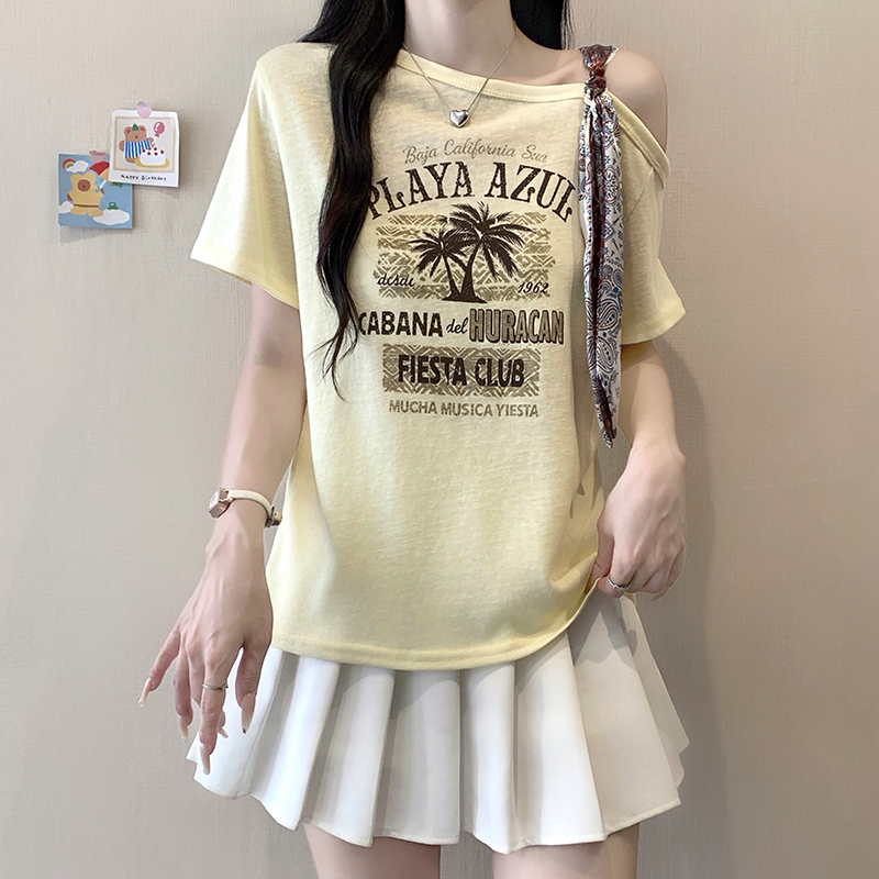 Plus Size Off-Shoulder Printed Short Sleeve T-Shirt Summer 2026 Korean Style - Image 2