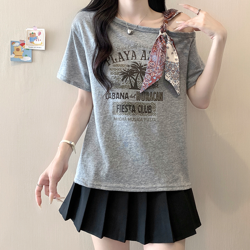 Plus Size Off-Shoulder Printed Short Sleeve T-Shirt Summer 2026 Korean Style - Image 3
