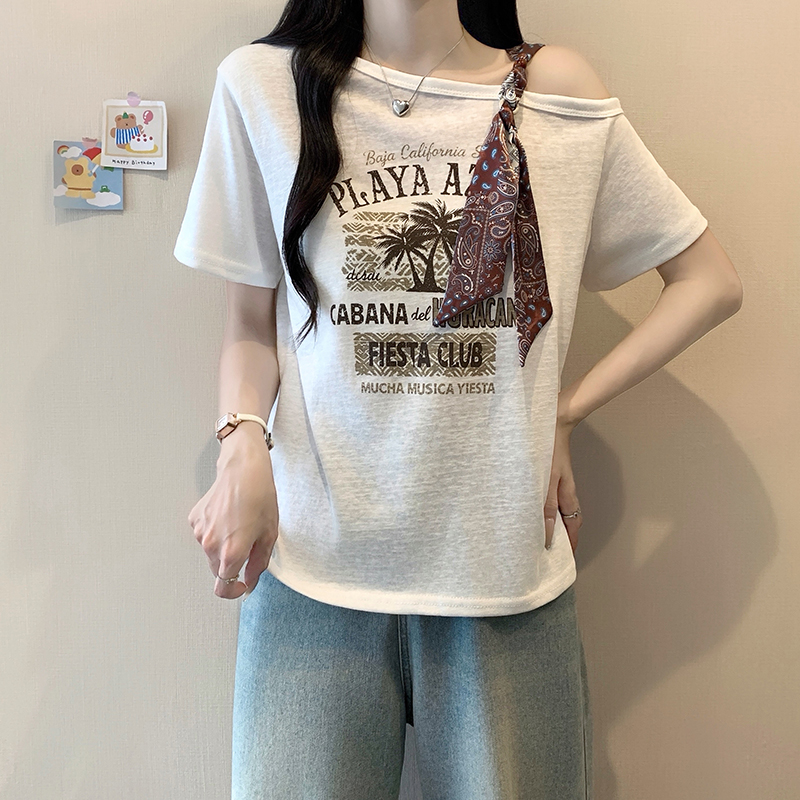 Plus Size Off-Shoulder Printed Short Sleeve T-Shirt Summer 2026 Korean Style - Image 4