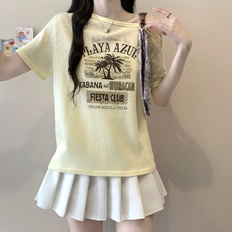 Plus Size Off-Shoulder Printed Short Sleeve T-Shirt Summer 2026 Korean Style - Image 5