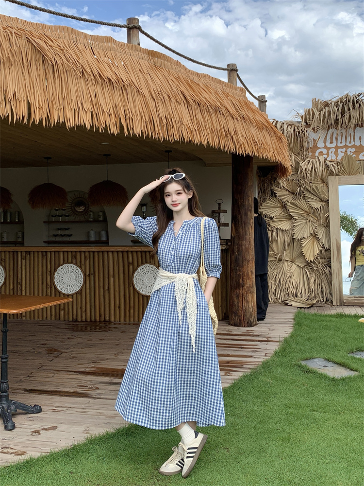 Plus Size Women's 2026 Summer Korean Retro Plaid Short Sleeve Dress with Lace Shawl - Style 77da4e