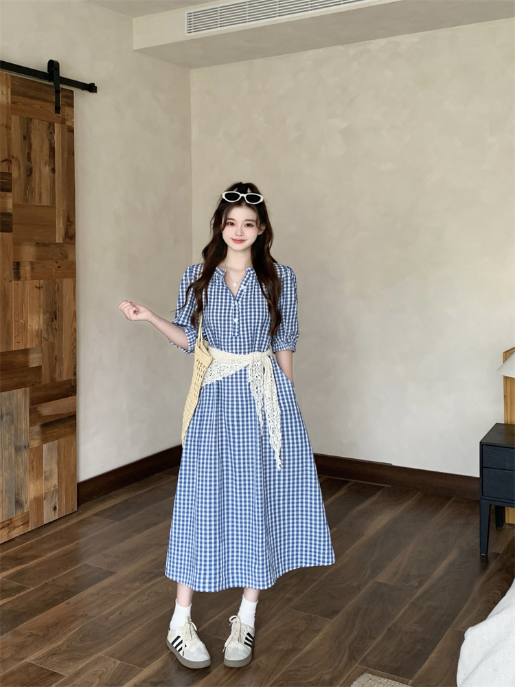 Plus Size Women's 2026 Summer Korean Retro Plaid Short Sleeve Dress with Lace Shawl - Style 77da4e - Image 2