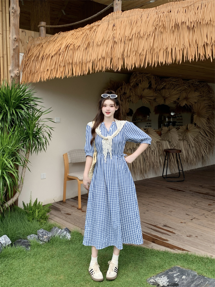 Plus Size Women's 2026 Summer Korean Retro Plaid Short Sleeve Dress with Lace Shawl - Style 77da4e - Image 3