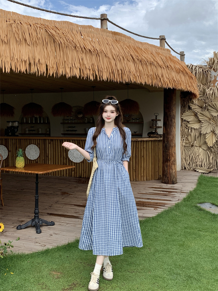 Plus Size Women's 2026 Summer Korean Retro Plaid Short Sleeve Dress with Lace Shawl - Style 77da4e - Image 4