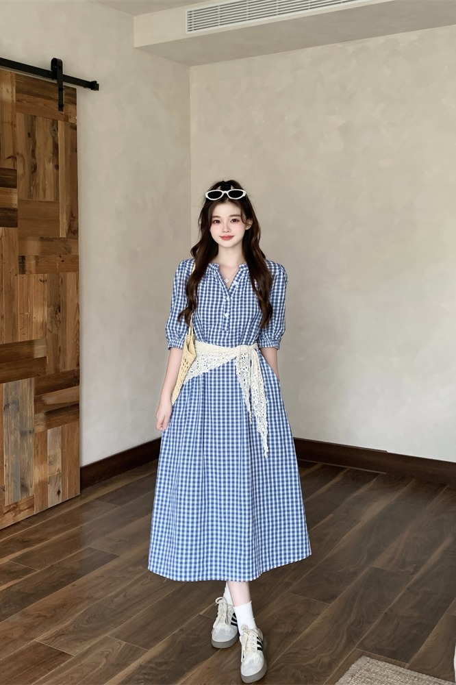 Plus Size Women's 2026 Summer Korean Retro Plaid Short Sleeve Dress with Lace Shawl - Style 77da4e - Image 5