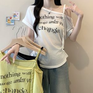Plus Size Women's Asymmetric Off-Shoulder Printed Letter Curved Short Sleeve T-Shirt Summer 2026