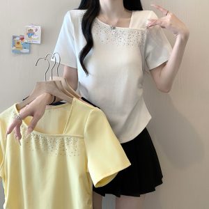Plus Size Women's Sparkling Rhinestone Asymmetric Neck Short Sleeve T-Shirt Summer 2026