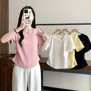 Plus Size Women's Summer 2026 Asymmetric Neck Rhinestone Short Sleeve T-Shirt