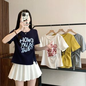 Plus Size Women's Summer 2026 Sweet Letter Print Irregular Lace-Up Short Sleeve Top