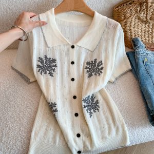 Retro Polo Collar Hollow Embroidered Floral Knit Cardigan Women Short Sleeve Summer Versatile Literary Slimming Ice Silk Top