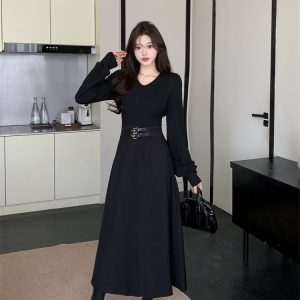 Solid V-Neck Long Sleeve Little Black Dress with Belt - Style 408442