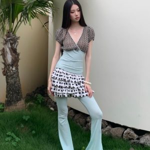 Summer Ocean Blue Heart Puff Sleeve Cross Neck Top and Polka Dot Cutout Y2k Rhinestone Candy Color Flared Pants Skirt