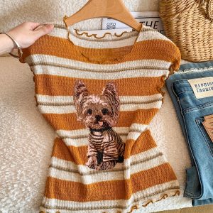 Summer Puppy Print Ruffle Short Sleeve Ice Silk Knit Top Women's American Retro Cropped