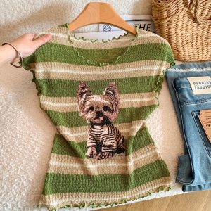 Summer Puppy Print Ruffle Short Sleeve Ice Silk Knit Top Women's American Retro Cropped Tee