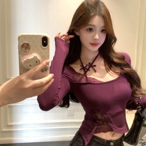 Sweet and Spicy Halter Lace Long Sleeve T-Shirt Women's Slim Fit Top