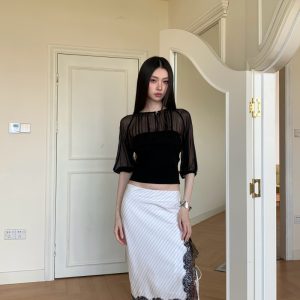 Vintage Sheer Spliced Lantern Sleeve Lace-Up Waist Short Top