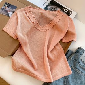 Women's Summer Lace Collar Short Sleeve Knit Top - Loose Slimming Pullover