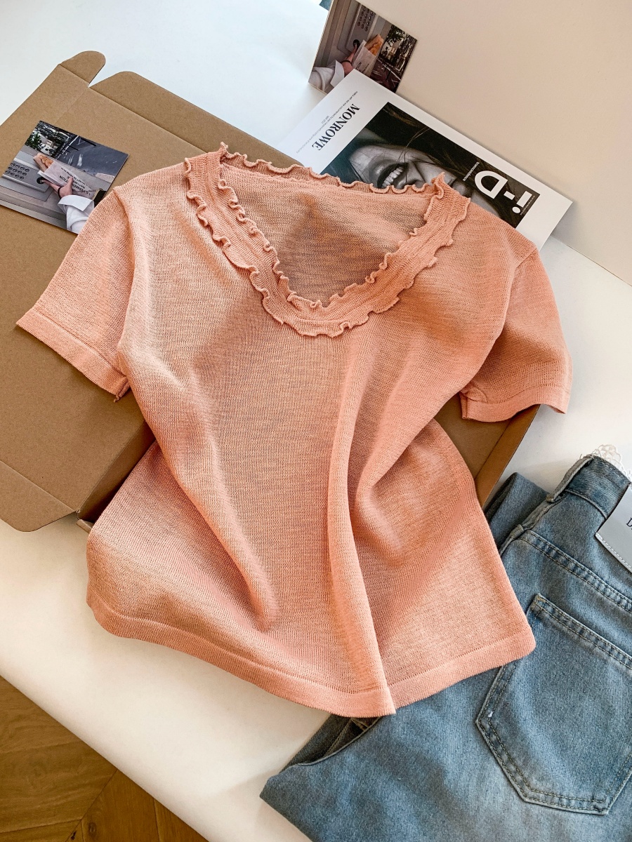 Women's Summer Lace Collar Short Sleeve Knit Top - Loose Slimming Pullover
