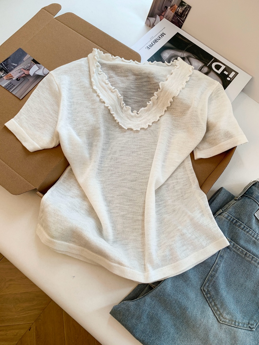 Women's Summer Lace Collar Short Sleeve Knit Top - Loose Slimming Pullover - Image 2