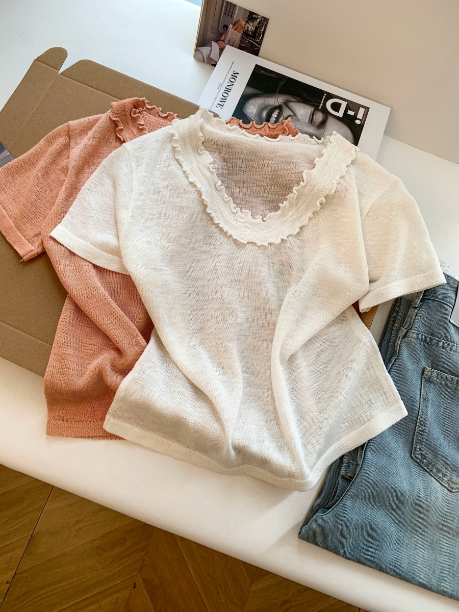 Women's Summer Lace Collar Short Sleeve Knit Top - Loose Slimming Pullover - Image 3